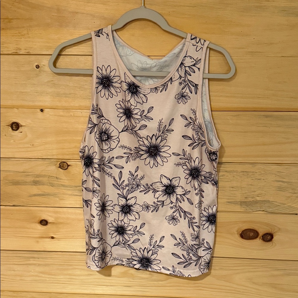 Floral Scoop Tank Top in Light Pink with Navy Print
